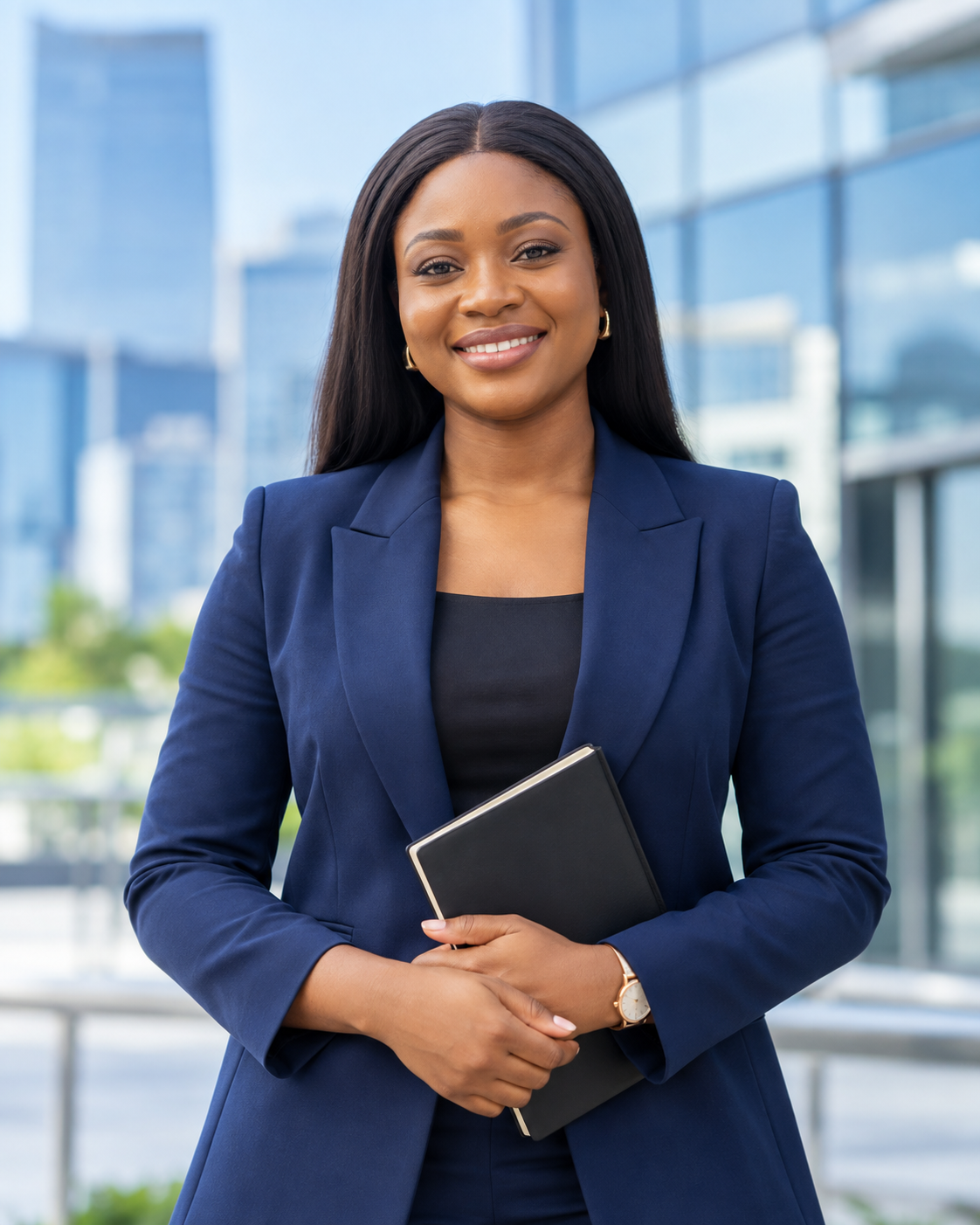 Businesswoman in a navy blazer holding a notebook outside a modern office